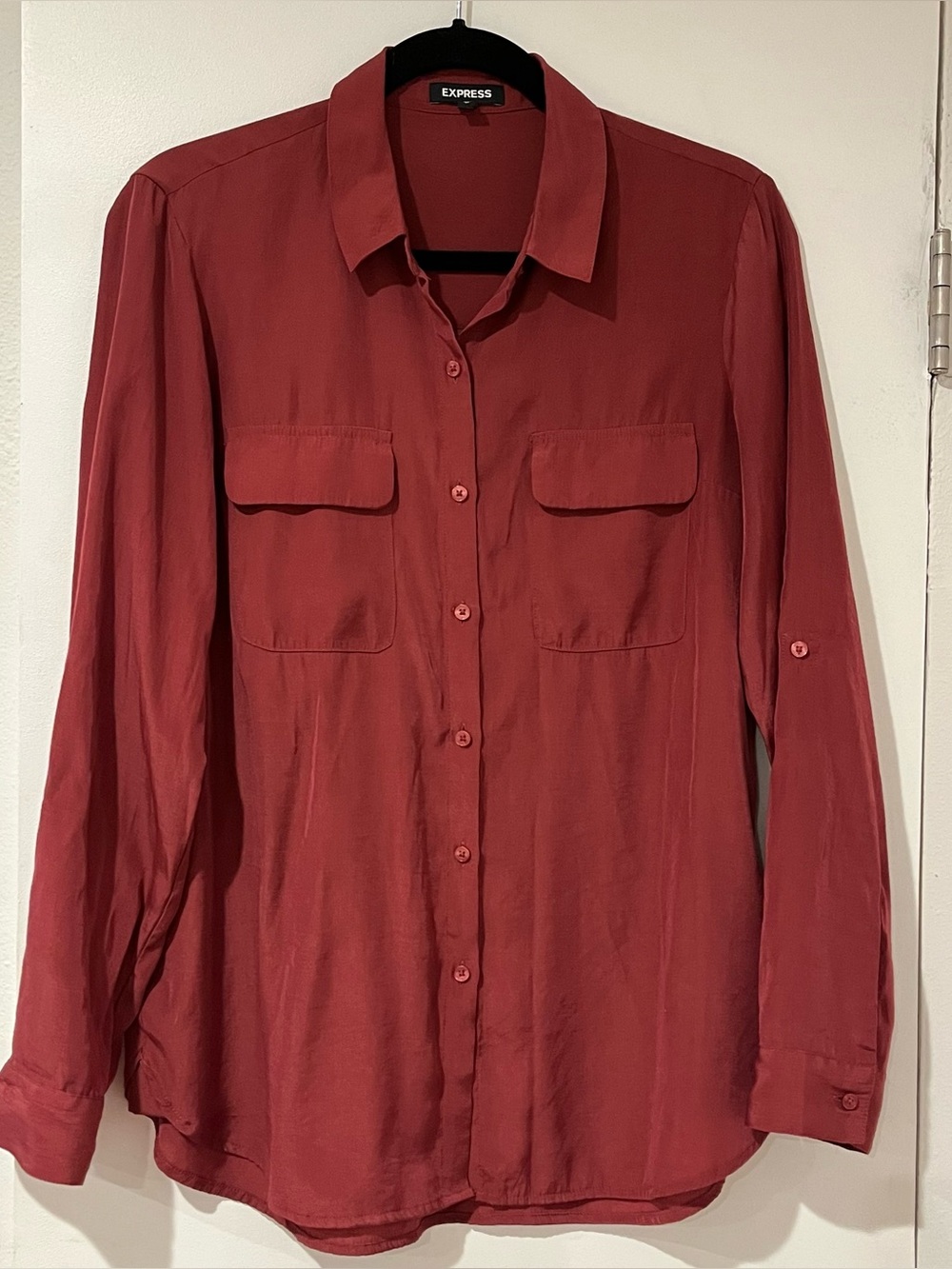 Express Rust Dark Red Button Down Roll-Tab Sleeve Shirt Blouse - Size M